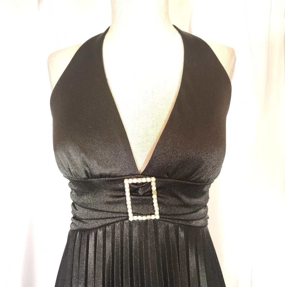 Satin Halter Formal Midi Dress,Tie Pleated Skirt, Empire Waist, Black, S